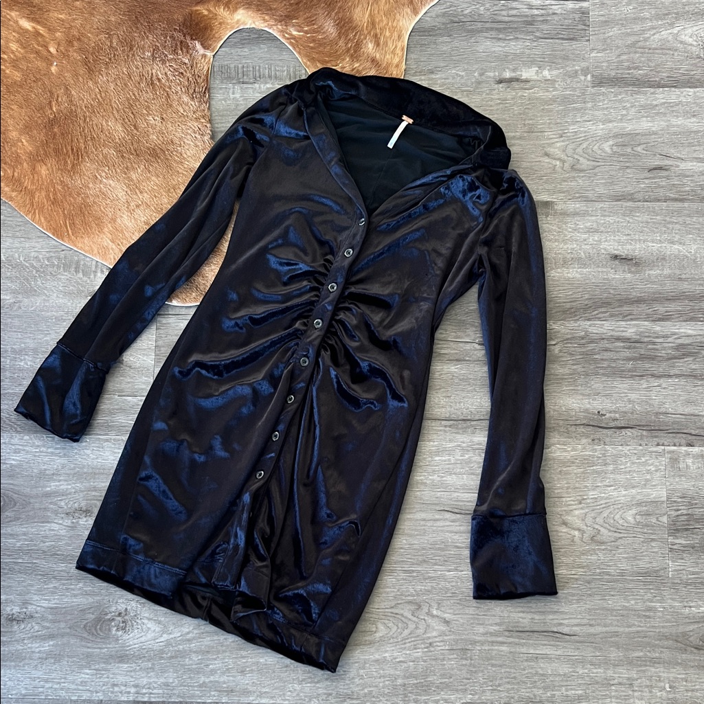 Free People Long Sleeve Shimmer Button-Front Mini Dress In Navy